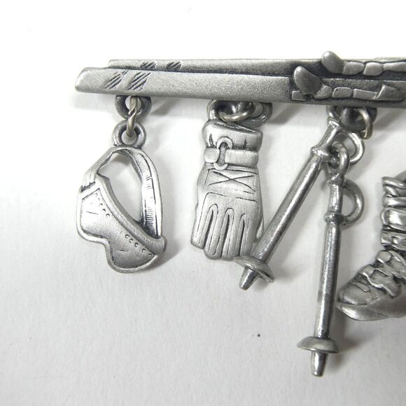 JJ Skier Pin Pewter Skiing Dangle Charms Vintage Skis Jonette - Picture 2 of 7